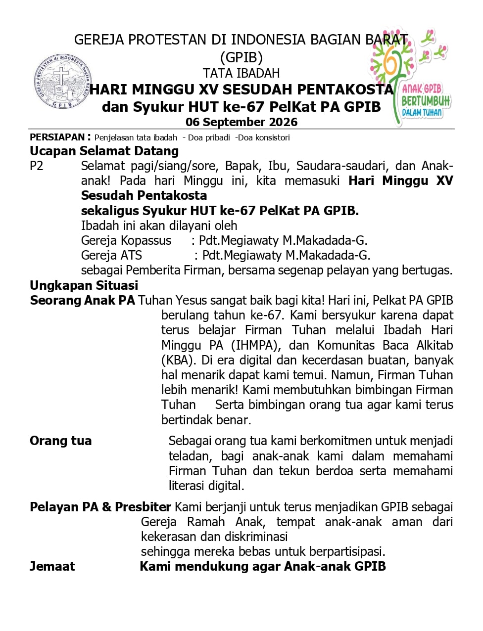 Warta Jemaat & Tata Ibadah, Minggu 06 September 2026